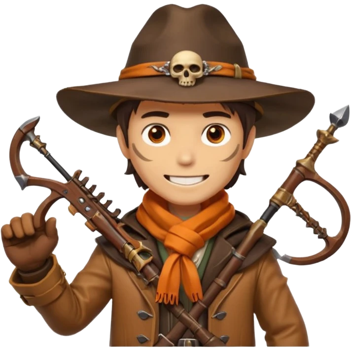male human monster hunter emoji, wearing brown leather coat and wide hat, holding crossbow or rifle, with amulet shaped like skull, Halloween fantasy theme, confident smile, orange scarf, Apple emoji style, clean white background, square image emoji