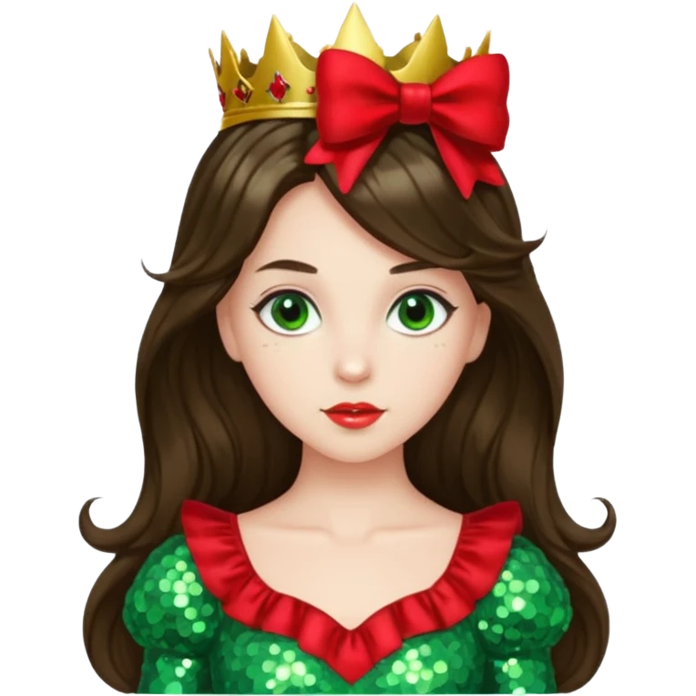 Princess Ozma from Oz with long brunette hair, light green sequin outfit, red bow emoji