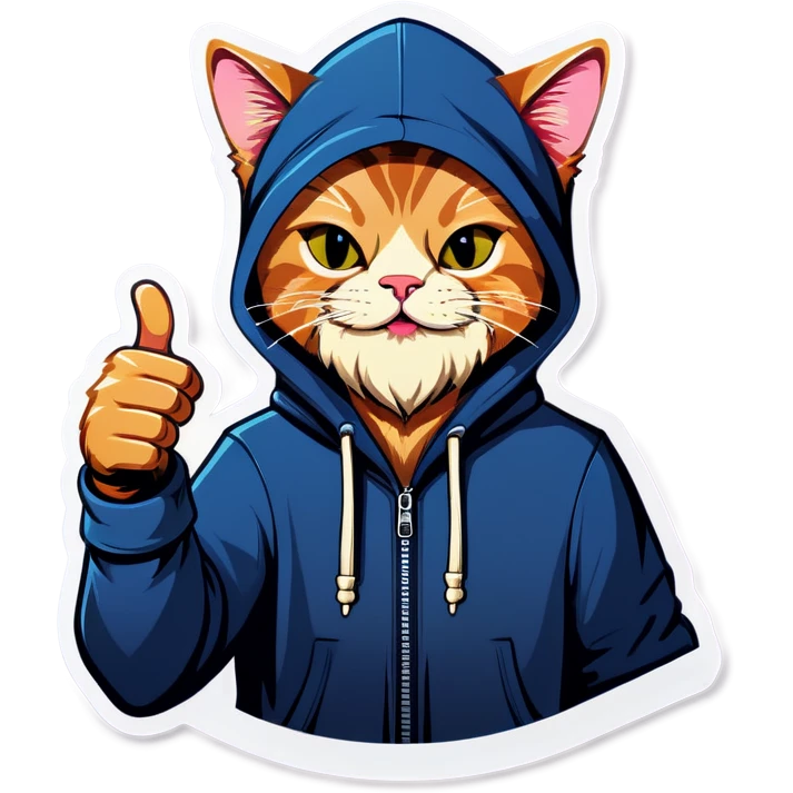 Cat with beard and hoodie , thumbs up emoji