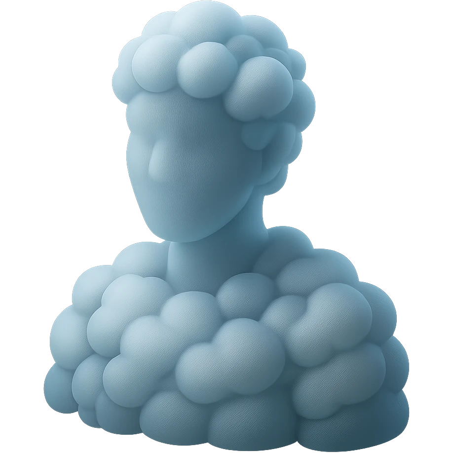 shoulder-up portrait of a person facing forward, fully composed of bright, convex clouds, matte glass style emoji