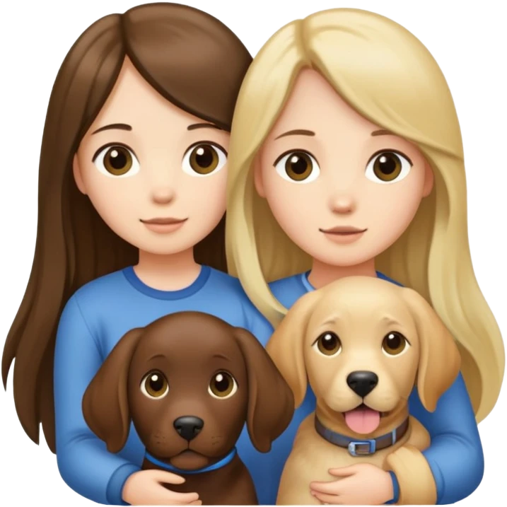 A long-haired girl and a medium-length-haired girl holding a Labrador emoji