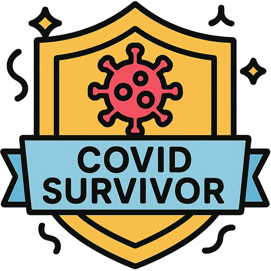 colorful badge icon with a shield and virus symbol, text 'COVID Survivor', celebratory style emoji