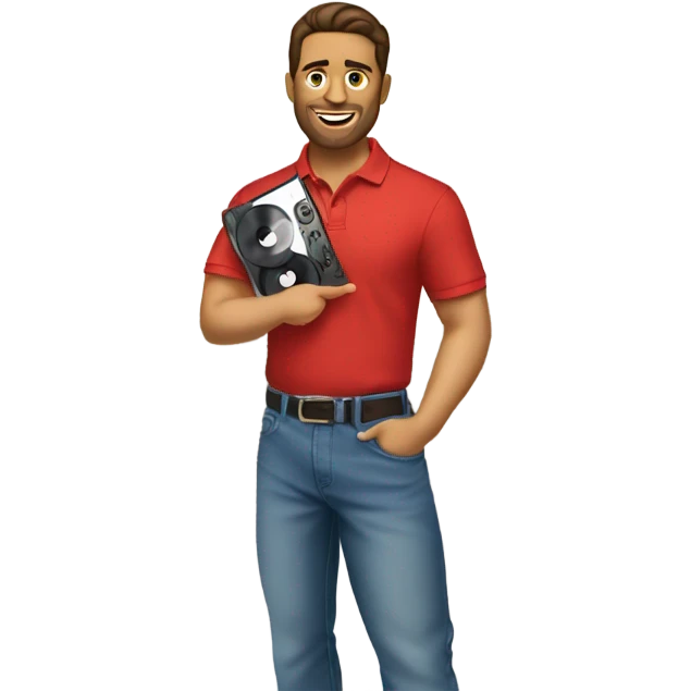 brunette man wearing red polo and baggy jeans looking at records emoji