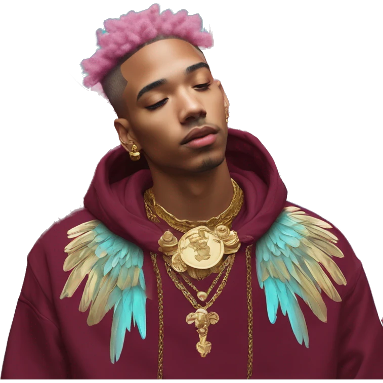 Vintage painting swirls gold jewellery baroque raven wings angel tropical Deep pink maroon burgundy cyan dark hoodie man vitiligo dyed hair gold piercings nose piercing ear piercings emoji