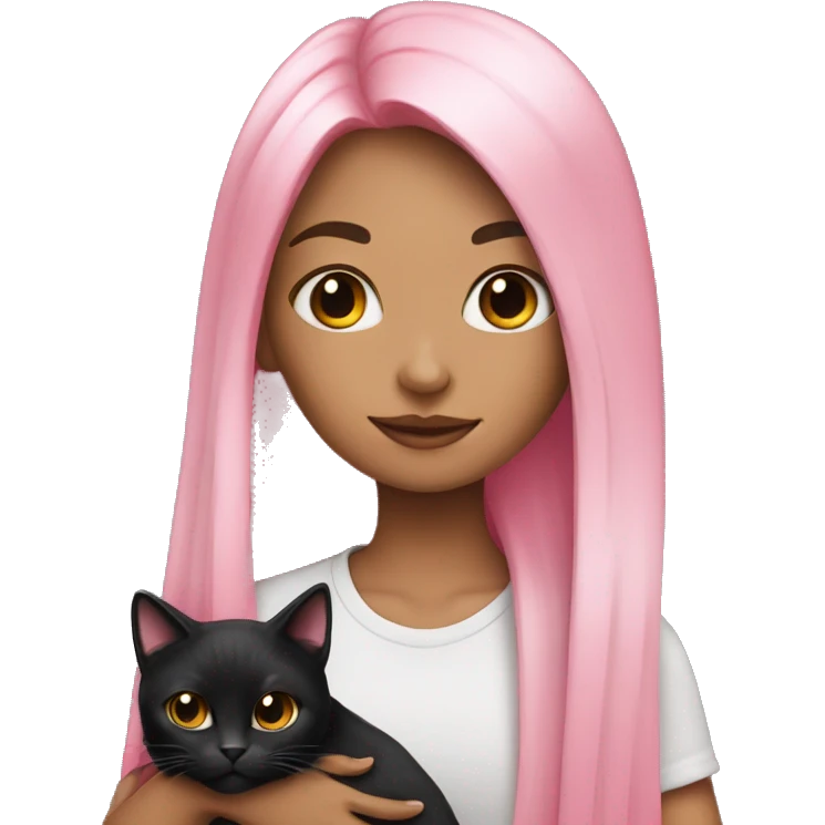 girl with black and pink long hair holding a black cat emoji