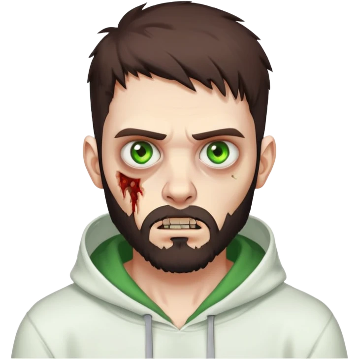 zombie pointing finger, undercut hairstyle with dark brown hair, short full beard, heterochromia with one green eye and one brown eye, wearing plain white hoodie emoji