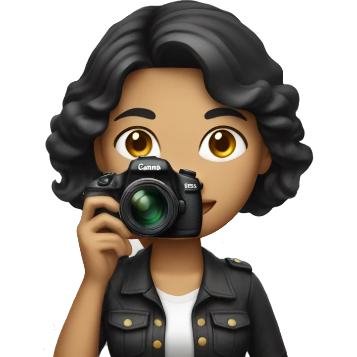 women photographer with black hair and light skin holding a camera canon emoji
