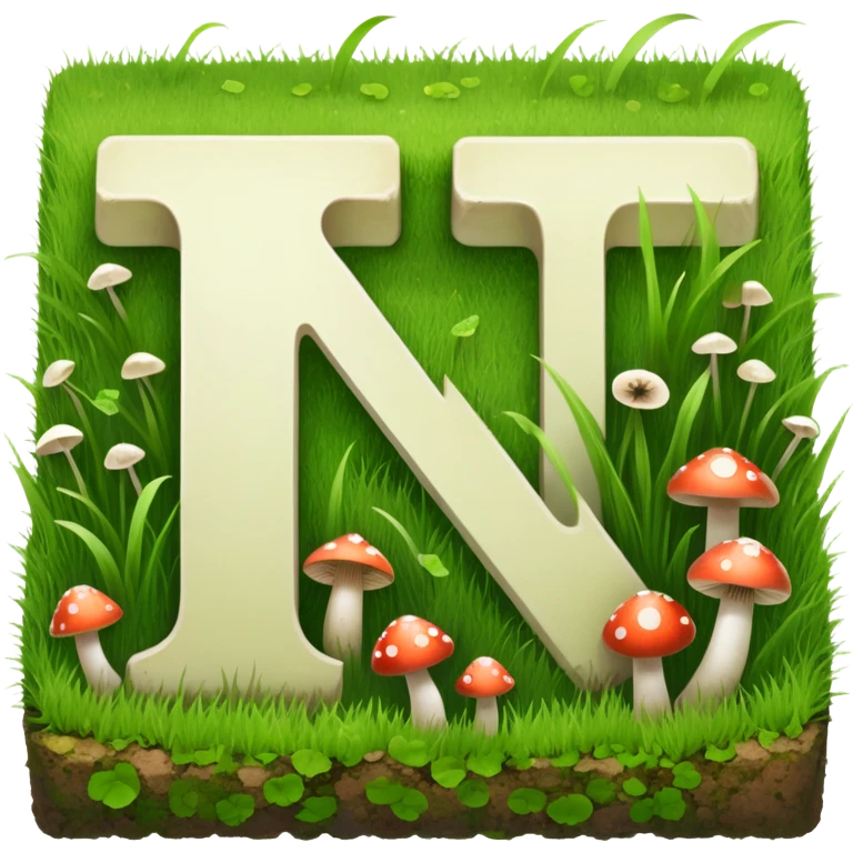 Notion logo as a square block covered in grass with small mushrooms growing on it, letter N visible emoji