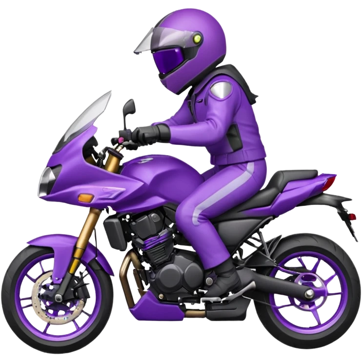 Créer un emoji avec une moto mt07 sport noir mate / violet iridescent très foncé, pare-brise de la moto violet. Avec une pilote dessus visière violet sombre visage caché . Avec fond arrière violet en arrière plan. emoji