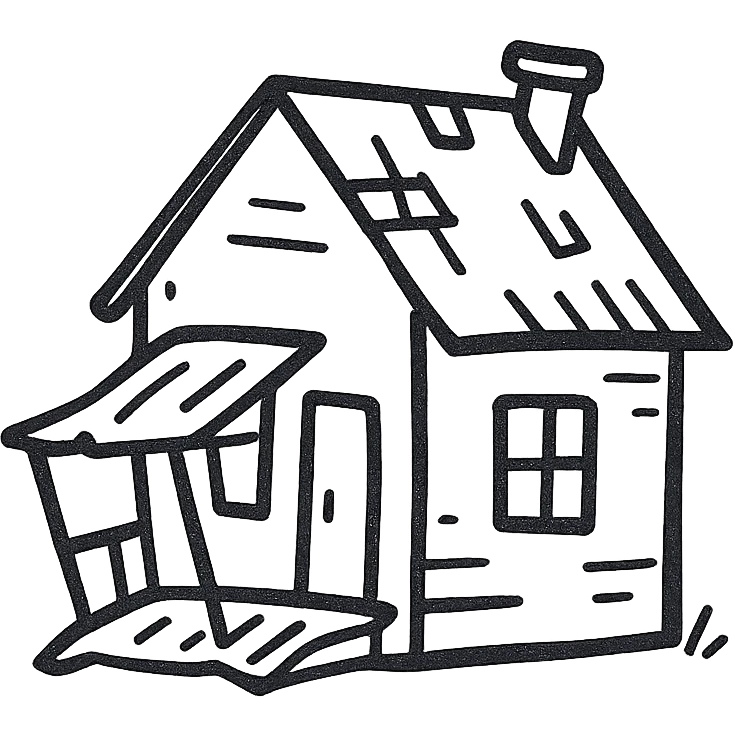 shabby house, hand drawn black outline style, sagging porch, missing shingles emoji