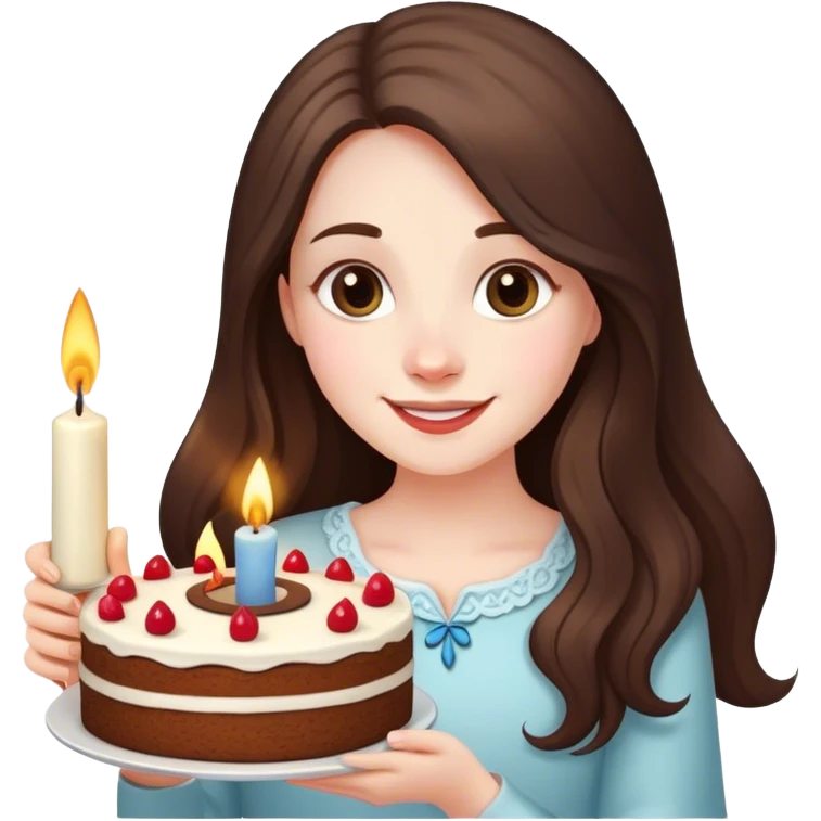 happy beautiful pale brunette girl with long hair holding a piece of cake with candle emoji
