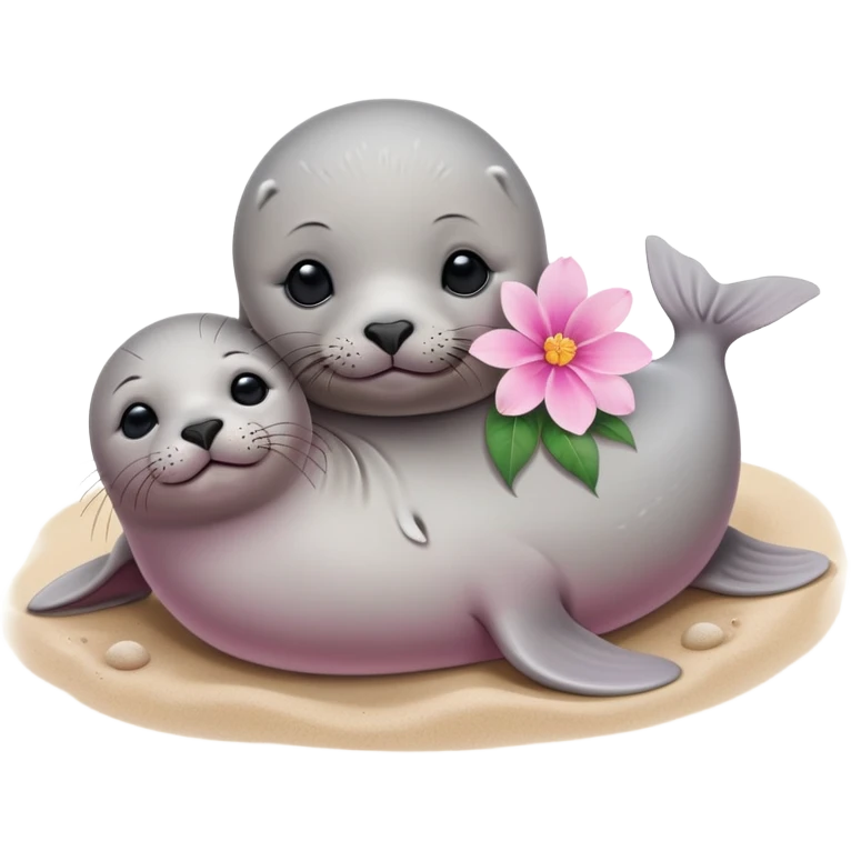 A small, slim baby seal resting gracefully on a sandy beach, with a delicate pink flower placed on its head.  Grey color emoji