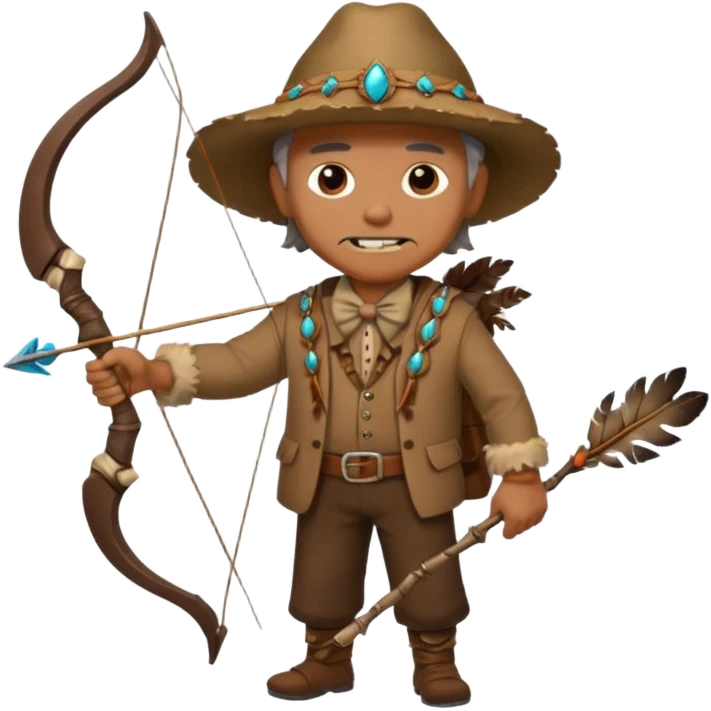 The classic image of a middle-aged uncle hunter carrying a bow, dressed in brown clothes, with some ornaments made of feathers, bones or teeth on his body. emoji