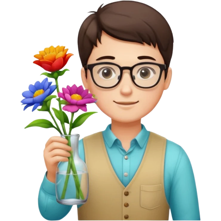 Young male florist – wearing glasses, arranging flowers in a vase. emoji