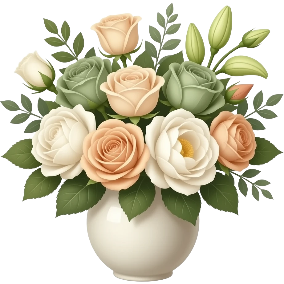 elegant bouquet of flowers, soft rounded shapes,  muted earthy palette with dark olive green, soft sage green, warm beige and creamy tones emoji
