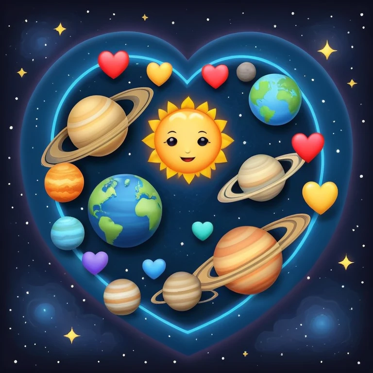 Solar system with heart-shaped planets orbiting a sun, colorful planets in the shape of hearts emoji