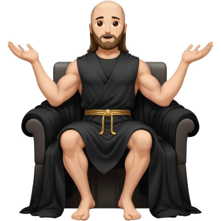 fullbody bald jesus christ jacked, sleeveless black robe sitting hands on armrests emoji