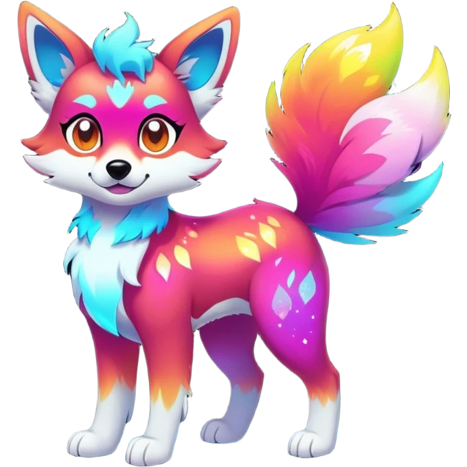 Vibrant multicolored neon-colored Falvie-Fionbri-creature-sparkle-dog-fursona, full body emoji