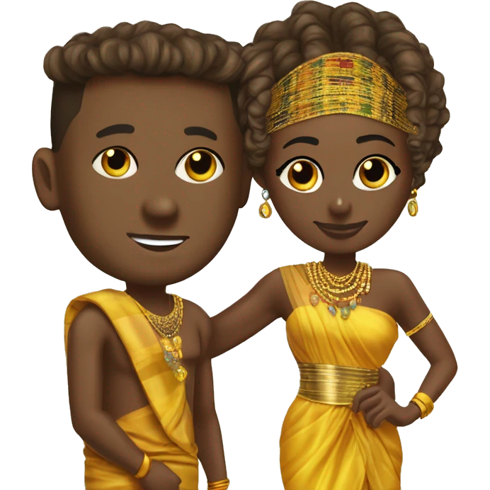 Ghanaian brown skin bride and brown skin groom. Gold jewelry and gold head with kente one shoulder dress. Kente toga emoji