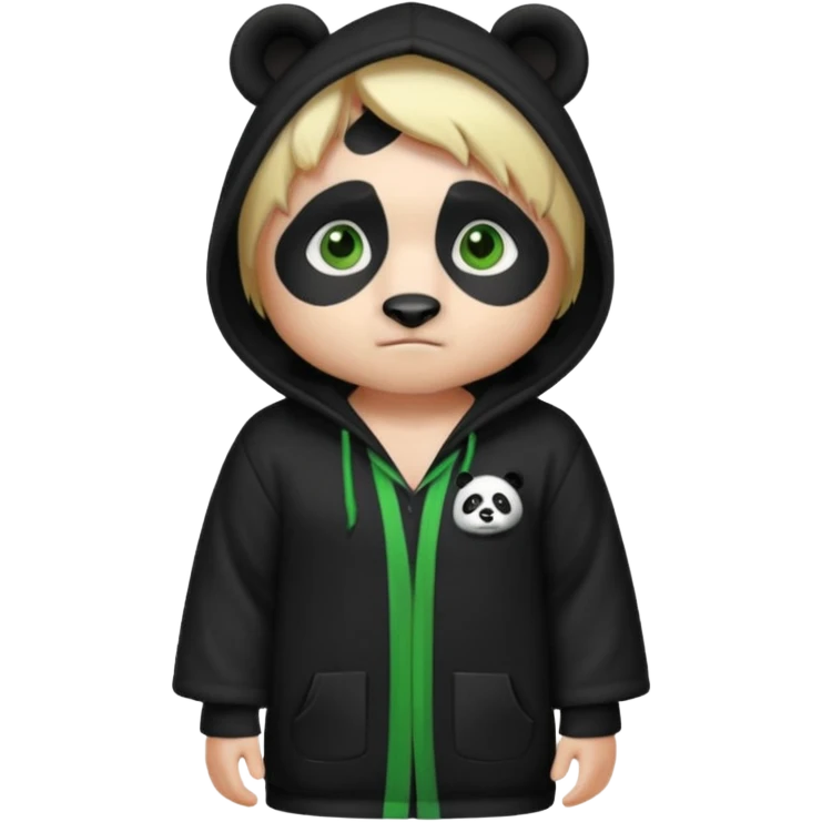 A white man with green eyes, medium-length blond hair, wearing a panda hoodie and black pajama-like robes. emoji