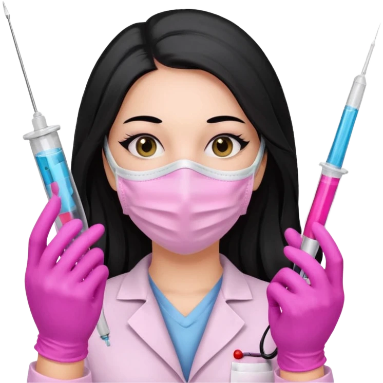 laboratorista con guantes rosa y mascarilla rosa  jeringa tubos  pelo negro largo triguella sin lentes pelo lacio negro y largo  emoji
