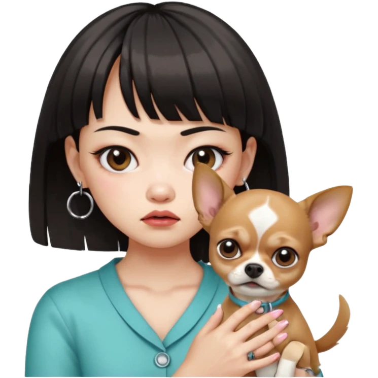 a pretty Asian girl, with hair bangs, pale skin, wearing a pair of hoop earring,with manicure holding a chihuahua in her, angry emoji