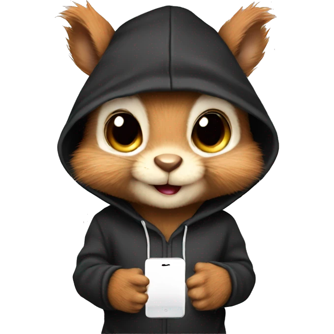 Cute realistic fluffy Squirrel with fluffy ears in black hoodie holding an iPhone  emoji