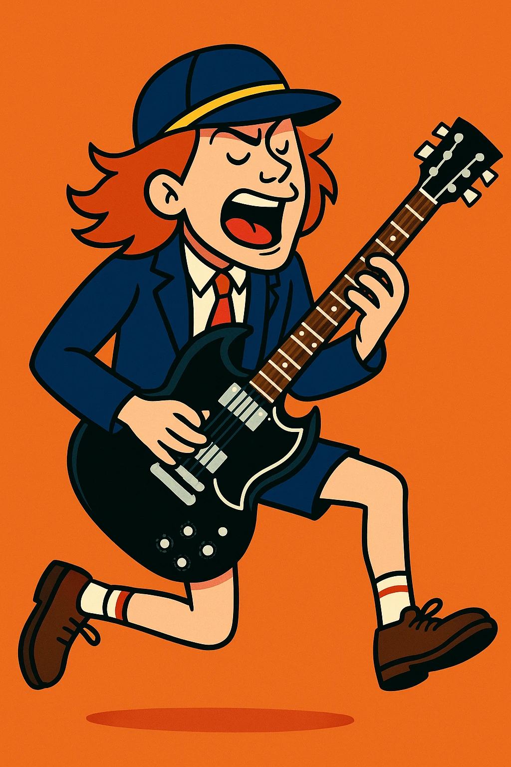 Angus Young in a schoolboy outfit, cap and tie, playing electric guitar, vibrant toon style emoji
