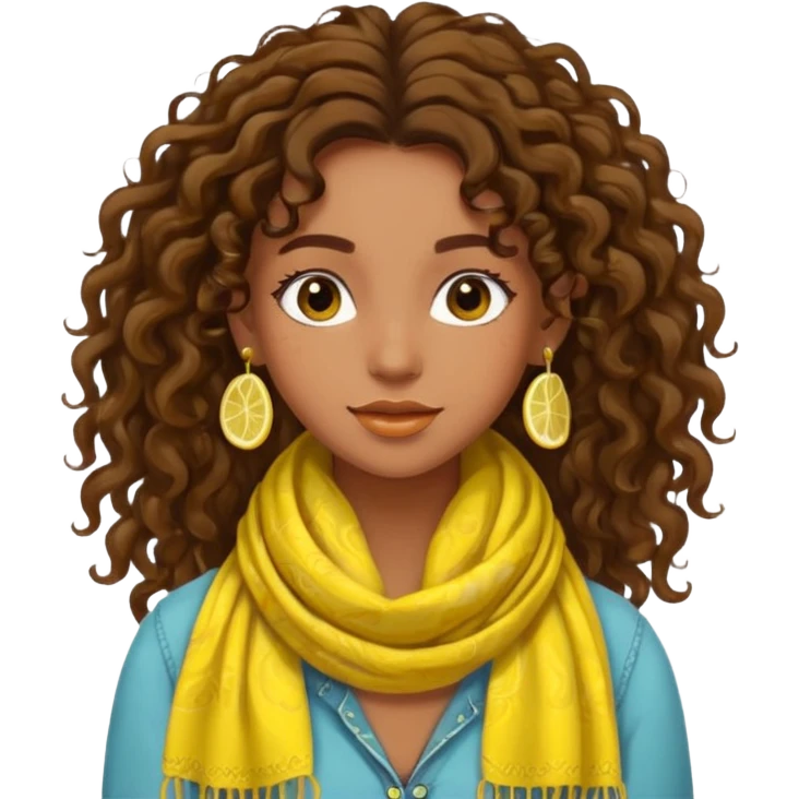bohemian girl, brown skin, long curly brown hair up, lemon yellow scarf, round earrings, free-spirited emoji