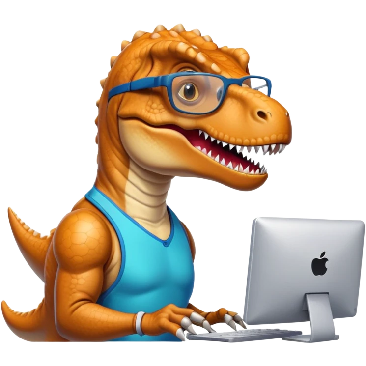 t-rex wearing glasses with sport outfit and a computer emoji