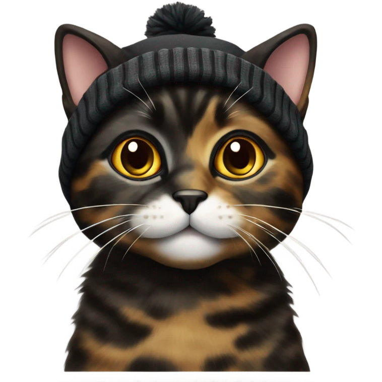 Mainly black tortie cat wearing a beanie emoji