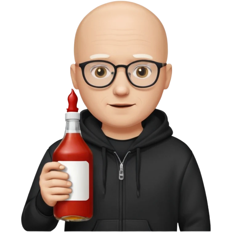 bald white guy with glasses, alopecia no eyebrows, wearing a black hoodie and black beanie, holding a bottle of ketchup in one hand and a bottle of whiskey in the other emoji