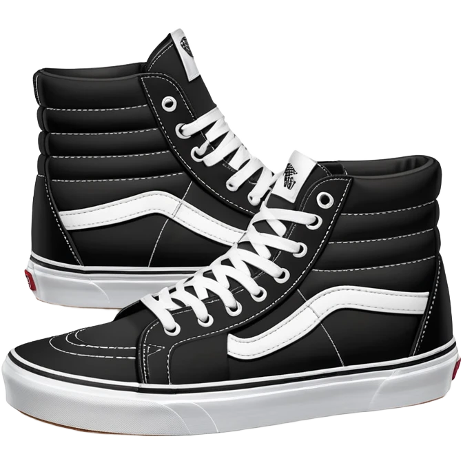 Black Vans Sk8-Hi shoes arranged as a neat pair with the back shoe slightly offset behind the front one, detailed high tops with signature white stripe and waffle soles emoji