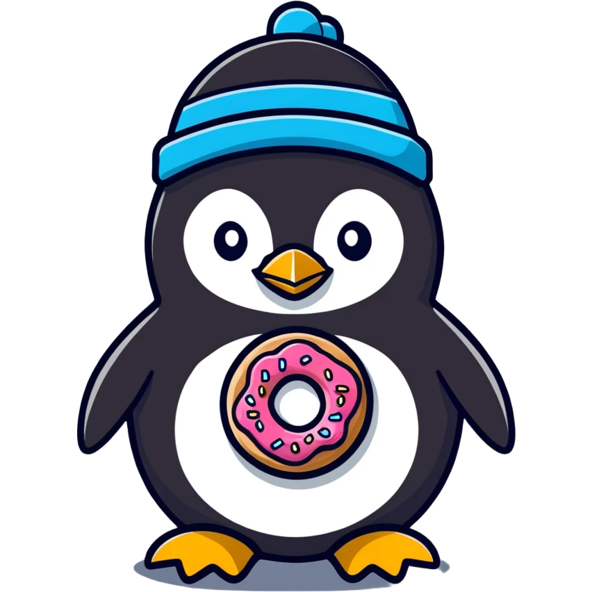 penguin with a cute hat and a donut in hand emoji