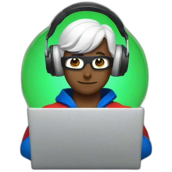 superman wearing head phones and working on a laptop with full concentration emoji