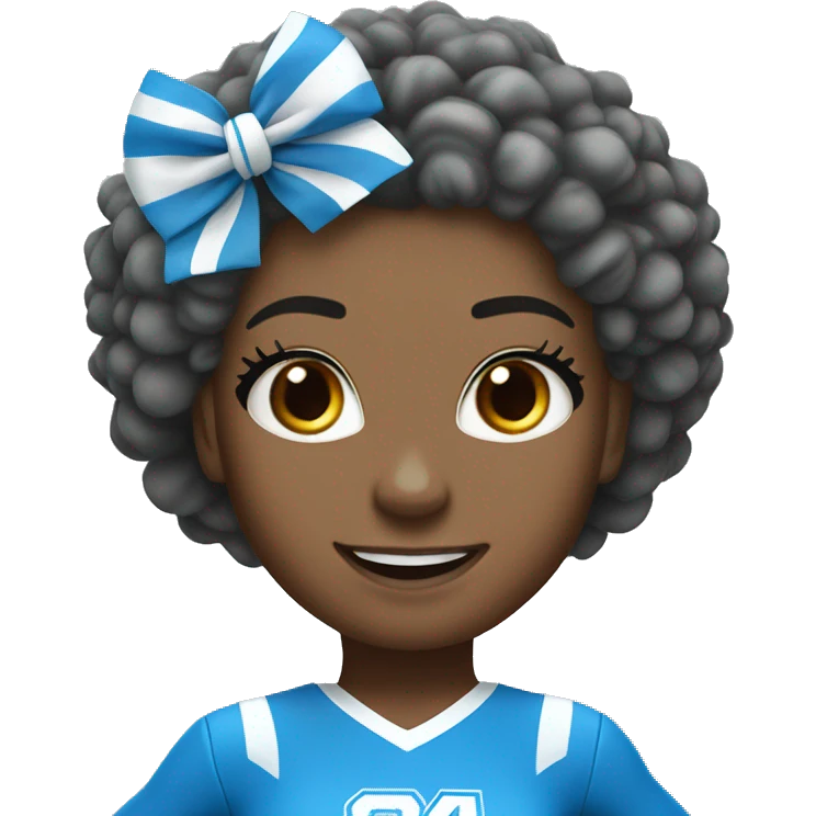 A full-length cheerleader girl in a blue suit with white and blue pompoms. Energetic and cheerful emoji