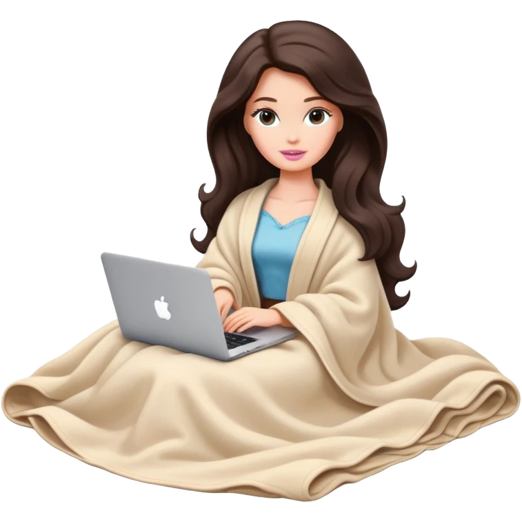 Barbie girl with a long wavy dark brown hair inside a pale beige blanket working macbook  emoji