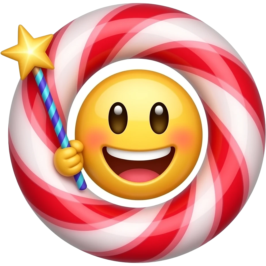 Red text "EMOJIFY", font in candy style is stretched in height and width. Letter "O" is a smiley face with a magic wand. Transparent background. emoji