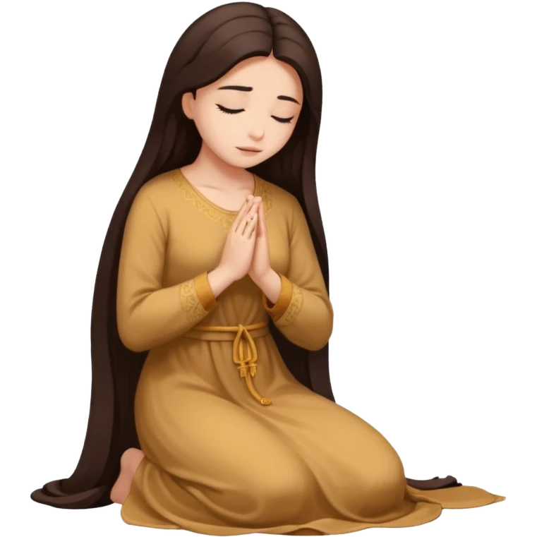 woman in a long dress, kneeling in prayer, long dark brown hair emoji