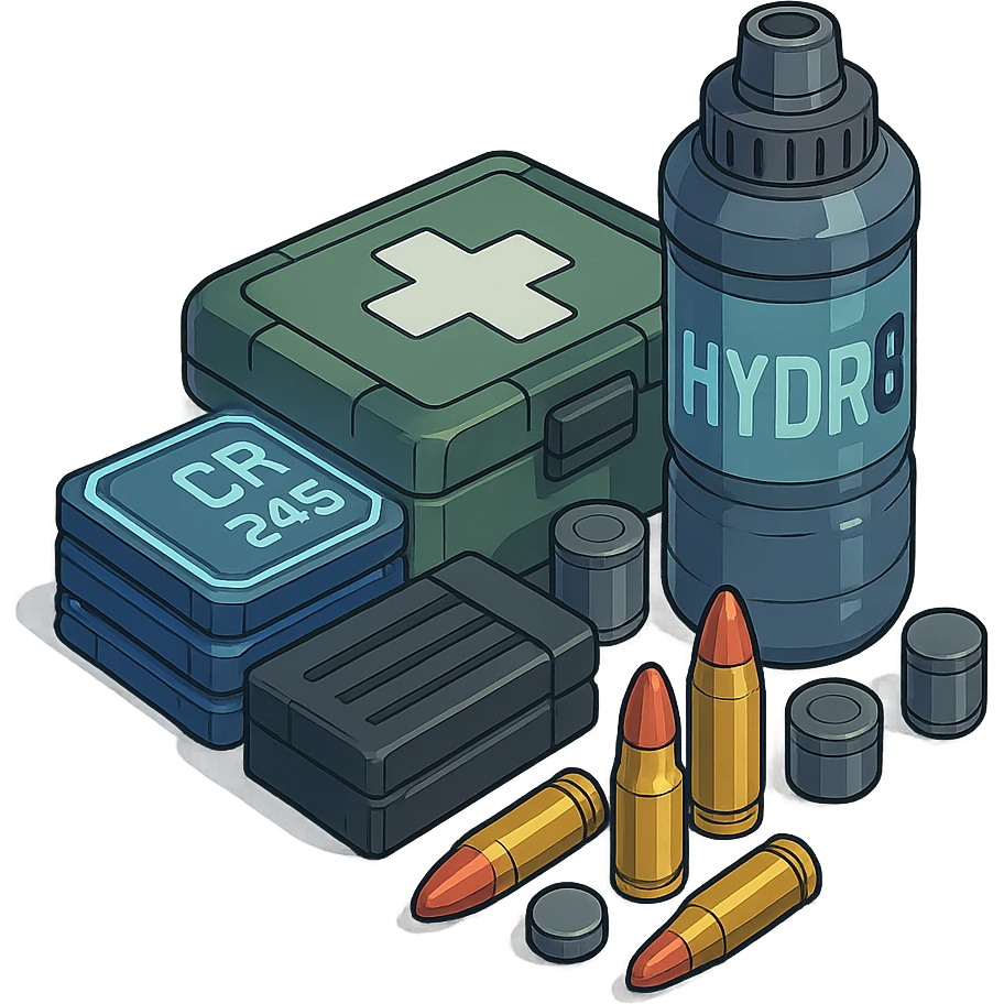 the image is the icon for a videogame  item. futuristic cyberpunk -ready to equip- it is master craftsmanship [ unequipped item ]
It is a pile of miscilaneous loot, some ammunition, credits, first-aid, and a hydrator, neatly bunched together, isometric view, orthographic - style of anime emoji