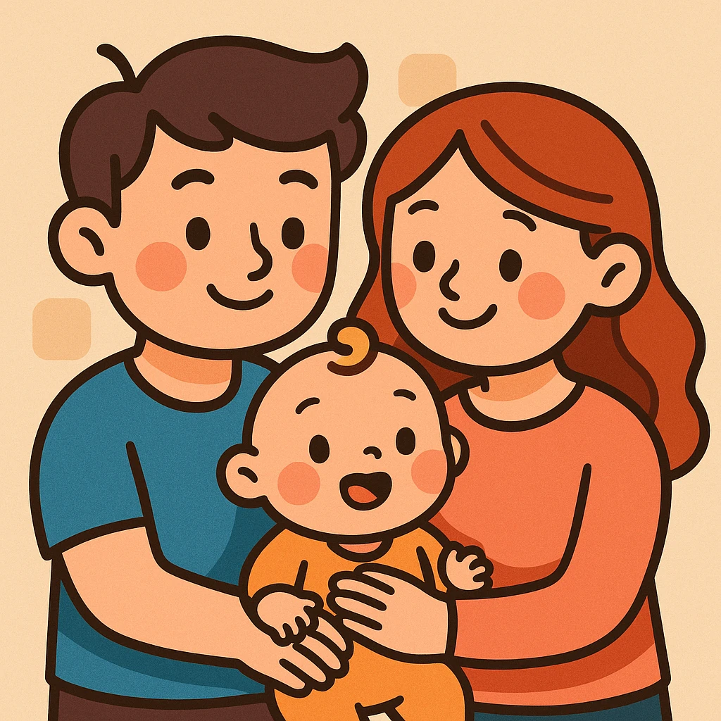 cartoon style small family, two parents and one baby, cute, soft colors emoji