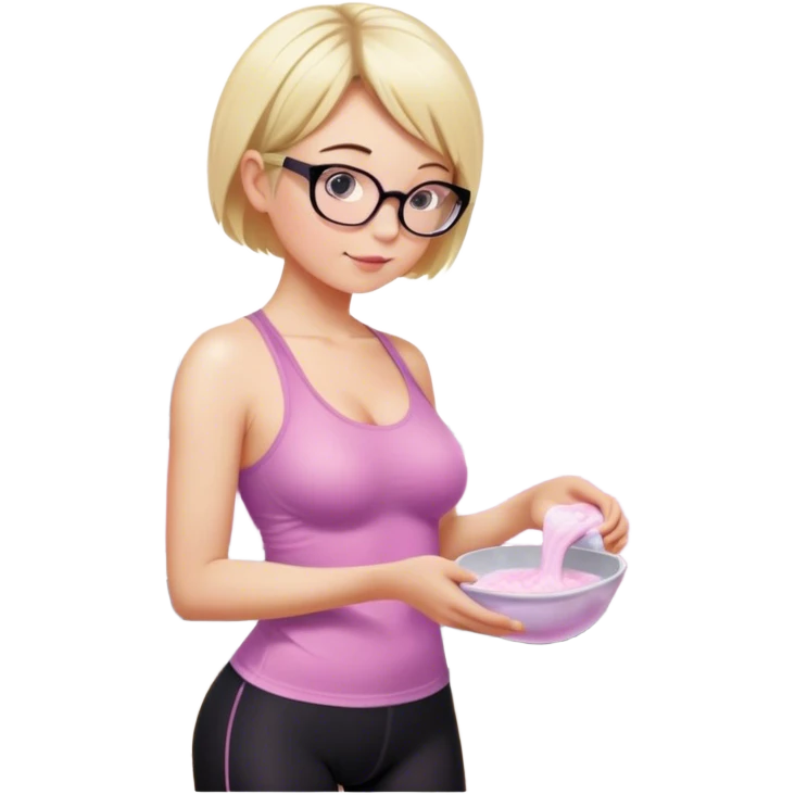 Thick fair skinned woman, short blond hair, small light purple reading glasses, washing dishes, sheer pink tank top, showing natural breast shape SFW, black yoga pants, thick booty emoji