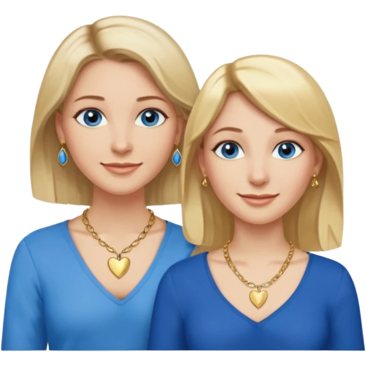Two women: one with dark blonde medium-length hair, blue eyes, and a gold necklace and earrings. The other is slightly shorter, also with blonde shoulder-length hair, blue eyes, a gold heart necklace, earrings, and a gold nose piercing. Both women are smiling. emoji