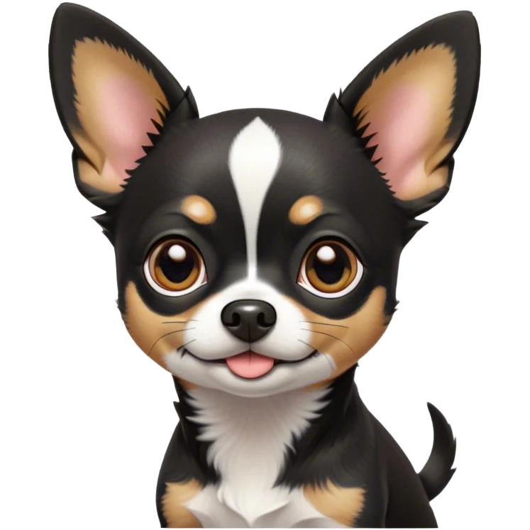 Cinematic Cute Black Tri Short Haired Chihuahua Portrait Emoji, Head tilted playfully and inquisitively, sleek black tri-color fur with bold patches of white and tan, round, sparkling dark eyes filled with curiosity, Simplified yet irresistibly adorable features, highly detailed, glowing with a warm, friendly glow, high shine, affectionate and lively, stylized with a touch of whimsy, bright and endearing, soft glowing outline, capturing the essence of a mischievous yet loving pup, so playful it feels like it could bound out of the screen and into your arms! emoji