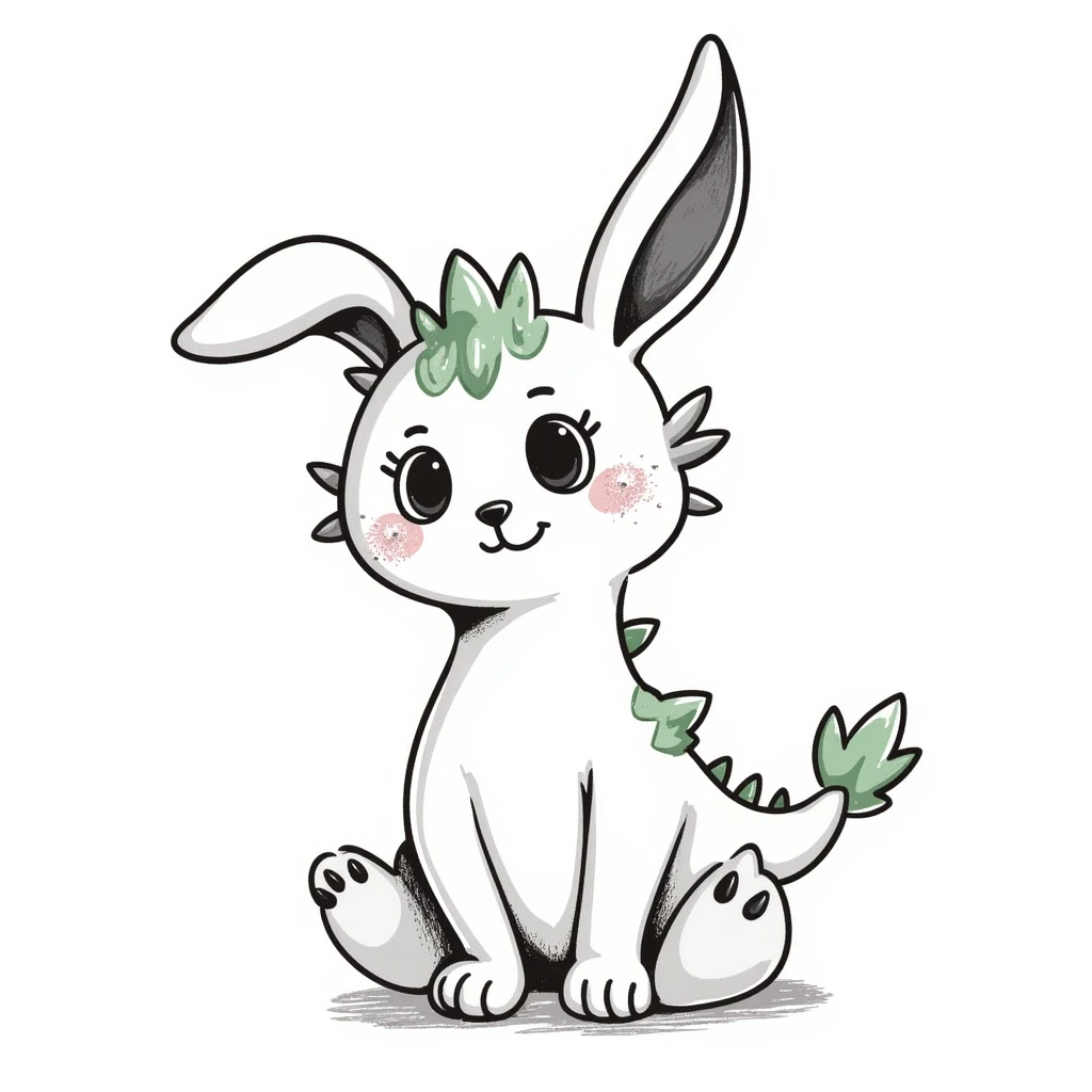 Kawaii bunny plant dragon with tiny spikes, extremely cute, giant sparkly eyes, blushing cheeks, pastel colors, small mouth, adorable expression, colored pencil texture, visible pencil strokes, soft blending, textured shading emoji