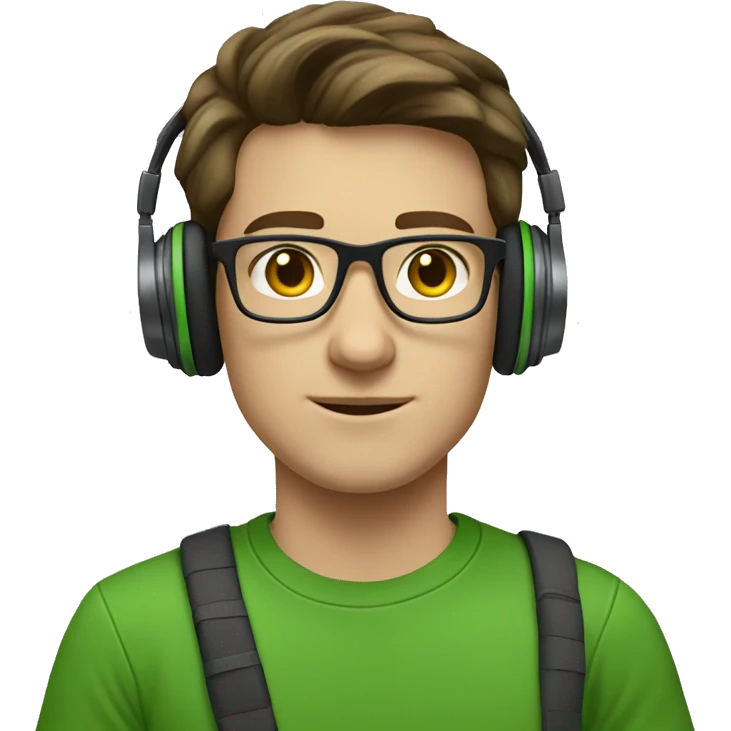 white young man with medium brown hair and square glasses wearing green t-shirt with laptop and headphones emoji