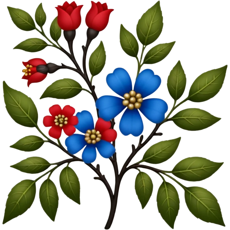 dull green leaves & red & blue flowers filigree design & small fruits& ebony branches, extremely detailed, complex design emoji