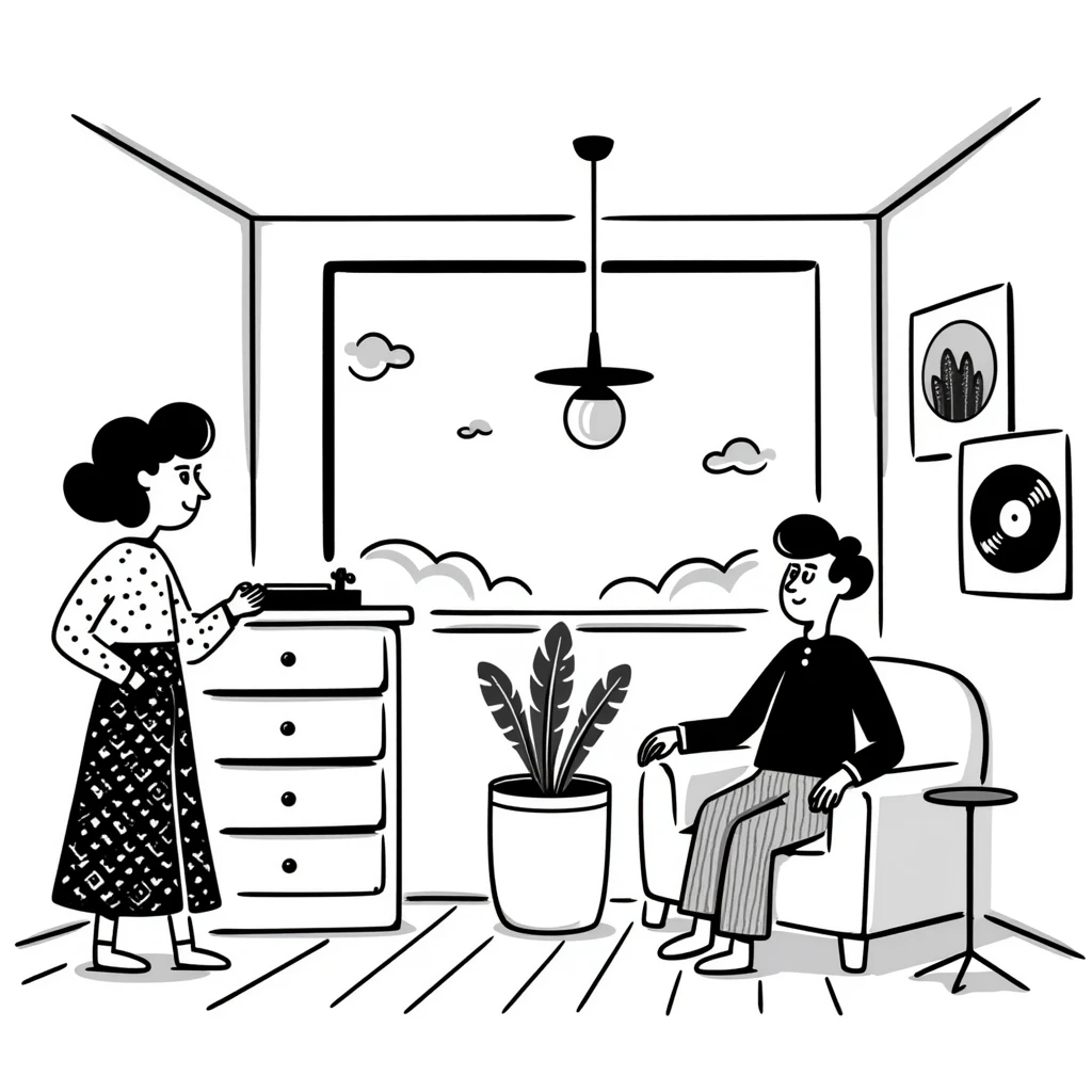 A mid-century modern living room with two people working on laptops — a woman standing at a dresser and a man sitting on a couch. The room has visible floor and two walls forming a corner, large window, modern pendant lamp, turntable, vinyl record stand, retro posters on the wall emoji