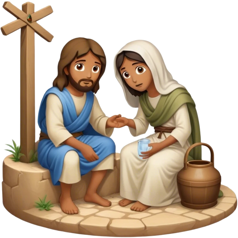 Había un pozo en medio de un camino polvoriento. Un día caluroso, Jesús de Nazaret se sentó junto al pozo para descansar. Una mujer samaritana se acercó al pozo con su cántaro. Jesús, con su voz amable, le dijo: "¿Me das un poco de agua para beber?" La mujer, se quedo extrañada emoji