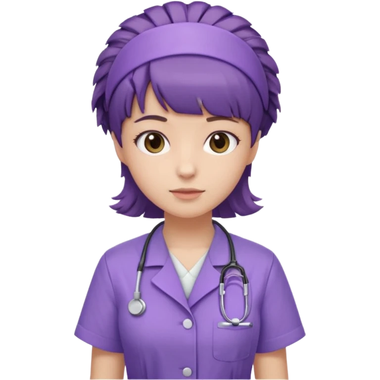 A young female slim nurse with short Brown hair with fringe over her forehead, wearing larvendar purple working cloth, show her hair style without any head wear emoji